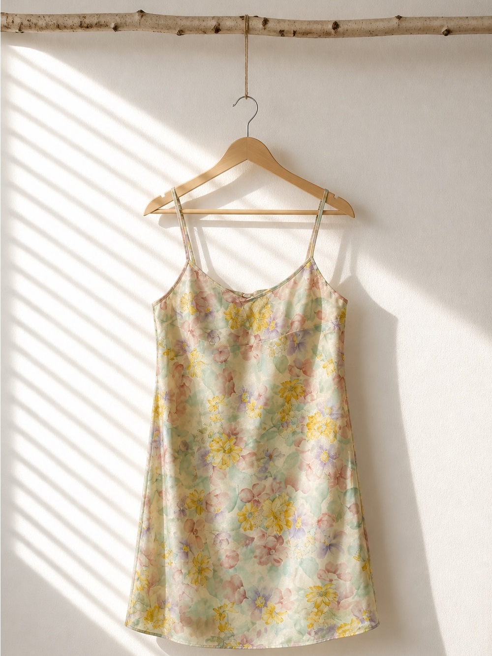 Floral Satin Slip Dress in Pastel Yellow